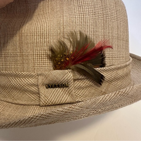 Stetson Fedora Plaid Light Brown with Feather Size 7 3/8 - Picture 5 of 8